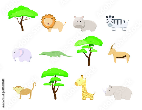 Safari set of cute animals and trees. Africa. Lion, Hippo, Zebra, Elephant, Crocodile, Gazelle, Monkey, Giraffe, Rhinoceros