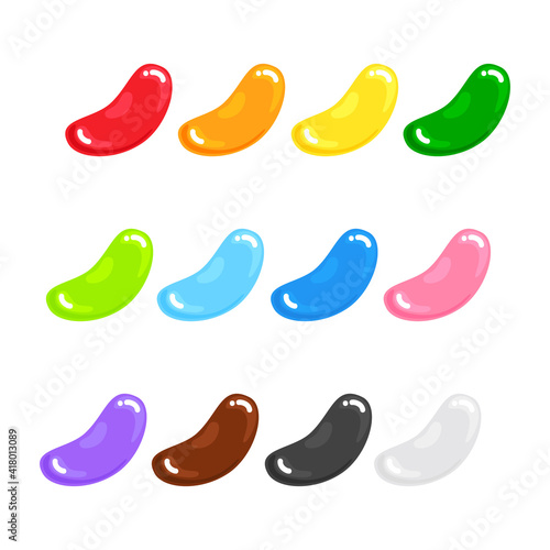 12 Jelly beans gummy sweet candies set with amazing flavor flat style design vector illustration. Bright colorful jelly delicious sweets candy collection isolated on white background.