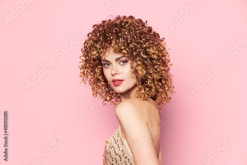woman curly hair Attractive look red lips model 