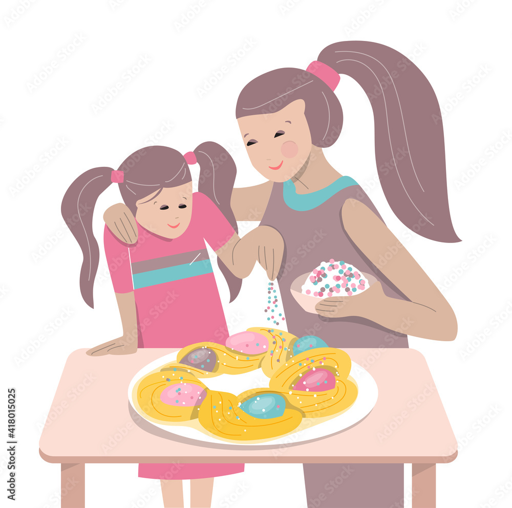 Mother and daughter cooking Easter cake together. Illustration can be used for Easter and festive templates. Mother and daughter cooking Easter cake together. Illustration can be used for Easter and festive templates.