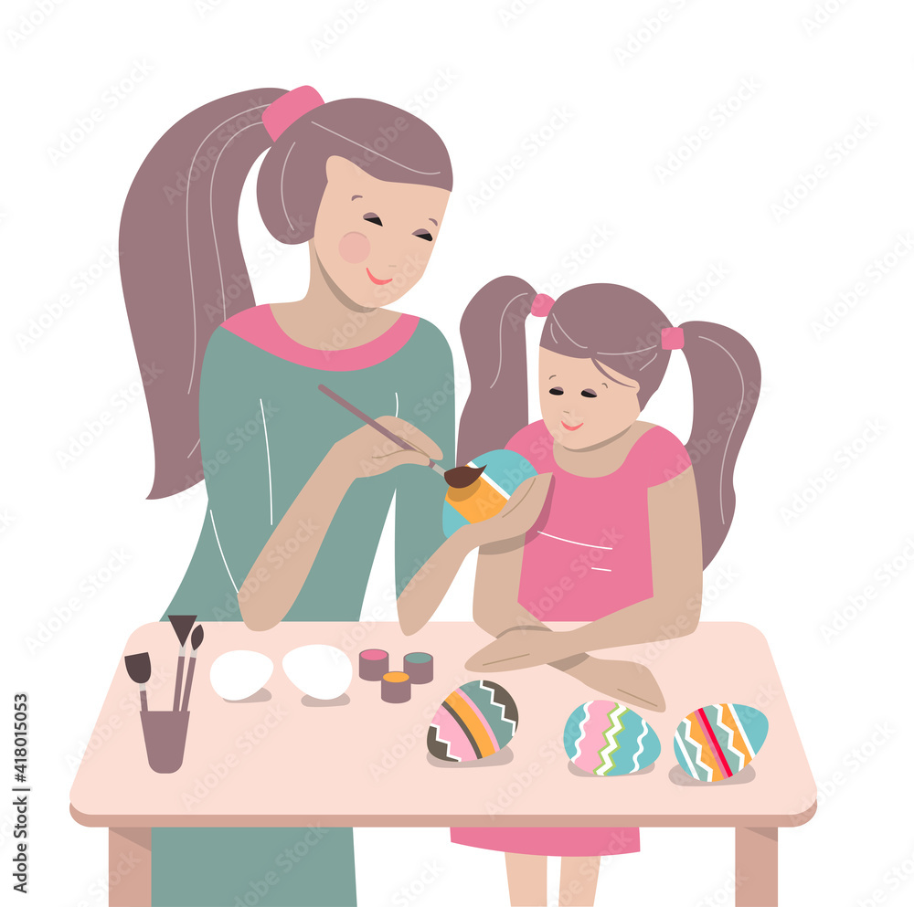 Mother and daughter painting Easter eggs together. Illustration can be used for Easter and festive templates. Mother and daughter painting Easter eggs together. Illustration can be used for Easter and festive templates.