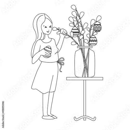 Young woman decorating pussy willow branches for Easter holiday. Black and white. Illustration can be used for Easter and festive coloring books.