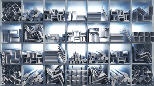 Metal profiles of different kinds are located in the metal products warehouse