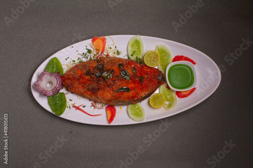 Fish Fry, Indian fish Surmai cooked with flour, semolina and spices to make it crispy. Super delicious fish food.top view photo