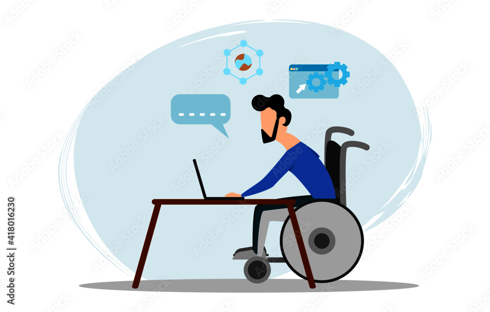 People with disabilities sitting on Wilshire using their laptop to work on programmers via the Internet. Potential of people with disabilities and occupational equality. Flat design vector People with disabilities sitting on Wilshire using their laptop to work on programmers via the Internet. Potential of people with disabilities and occupational equality. Flat design vector