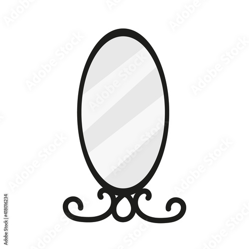 Vintage oval mirror in black frame. Flat illustration.
