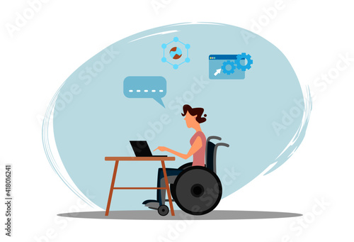 Woman sitting on a wheelchair doing programmers via internet. Disabled people with competence and occupational equality. Flat design vector illustration.