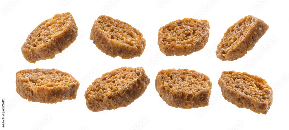 A set of bread croutons. Isolated on a white background A set of bread croutons. Isolated on a white background