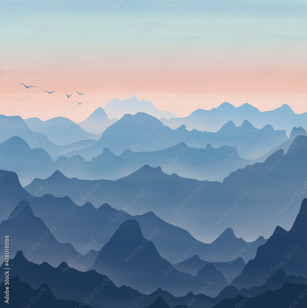 Obraz premium Blue and Orange Rocky Hills Landscape Digital Illustration