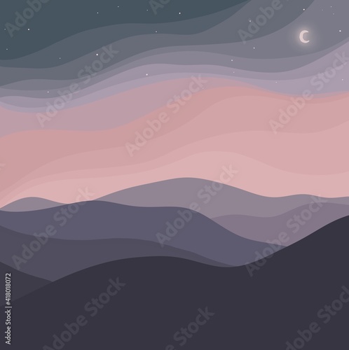 Blush and Grey Minimal Night Landscape Digital Illustration © Claire Williams Art