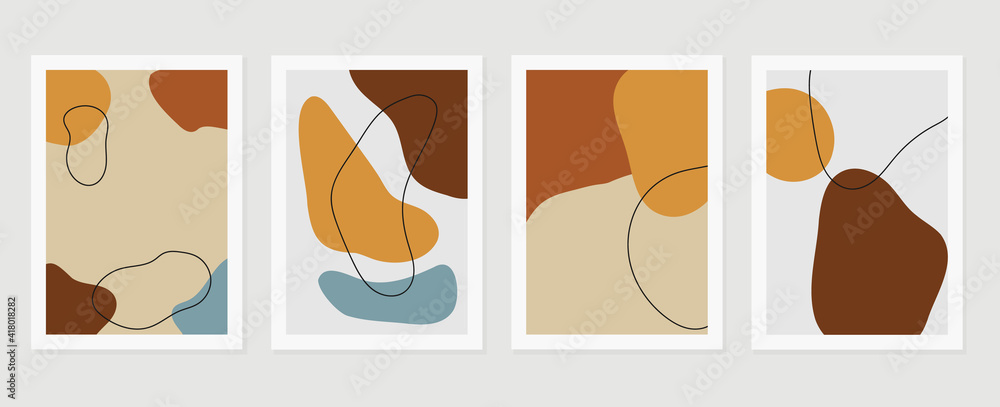 Abstract wall arts vector background collection.  Earth tones Hand drawn organic shape art design for wall framed prints, canvas prints, poster, home decor, cover, wallpaper.