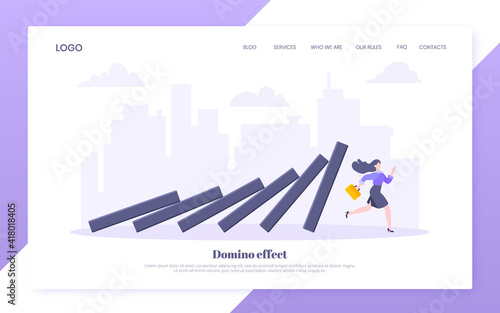 Domino effect or business resilience metaphor vector illustration concept. Adult young businesswoman run away from falling domino line business concept problem solving and danger domino chain reaction