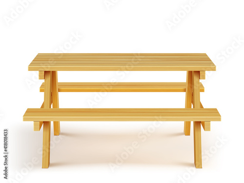 Wood picnic table with benches, wooden furniture for outdoor bbq dining, garden desk isolated on white background. Graphic design object, equipment for park recreation Realistic 3d vector illustration