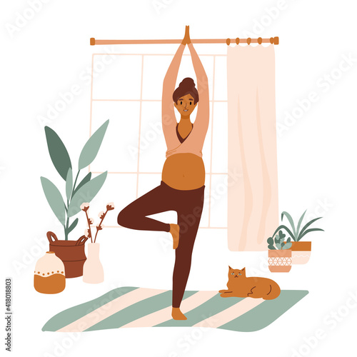 Pregnant indian woman in sportswear doing stretching physical exercises. Young mother with belly practicing prenatal yoga exercise class at home or gym. Relaxation, stretching, working out.