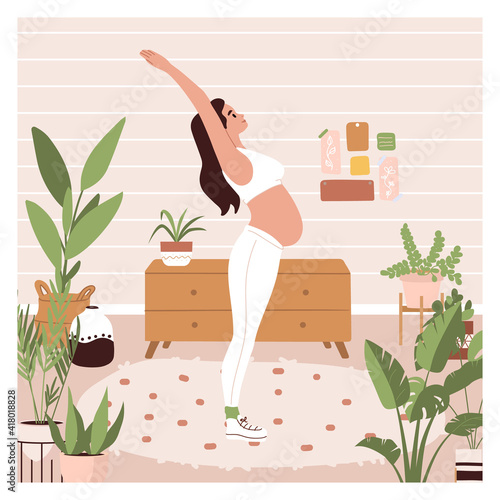 Pregnant woman in sportswear doing stretching physical exercises. Young mother with belly practicing prenatal yoga exercise class at home or gym. Relaxation, stretching, working out.