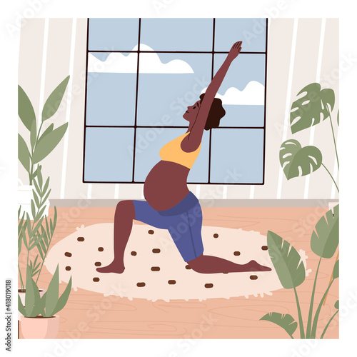 African pregnant woman in sportswear doing stretching physical exercises. Dark skin young mother with belly practicing prenatal yoga exercise class at home. Relaxation, stretching, working out.