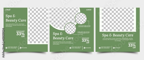 Social media post template design set for spa and beauty. Green background color with photo collage. Suitable for social media, flyers, and web internet ads.