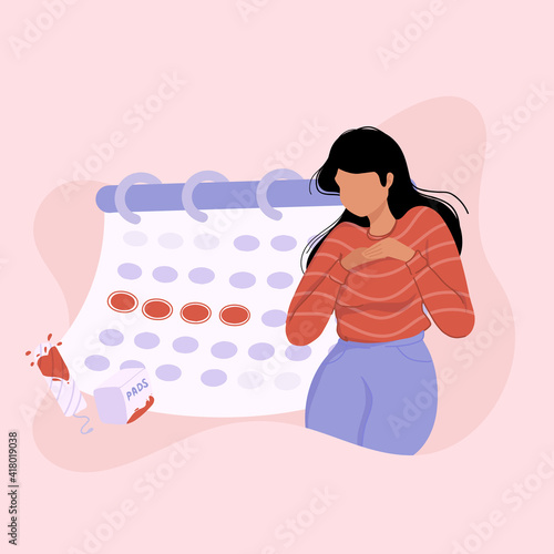 Unwell Woman suffering from stomachache, abdominal pain. Female period problems. Girl having period, premenstrual syndrome, PMS, menstruation, calendar.