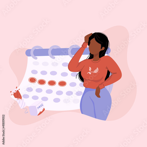 Unwell Woman suffering from stomachache, abdominal pain. Female period problems. Girl having period, premenstrual syndrome, PMS, menstruation, calendar.