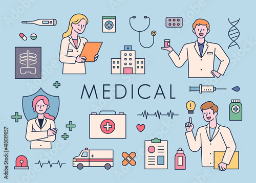 Characterized medical icons of doctors making various gestures. The doctor character explains in a confident pose. Medical icons such as hospital, first aid kit, ambulance.