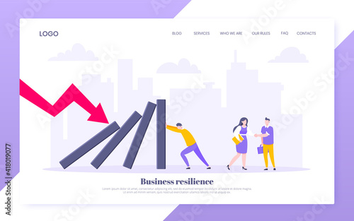Business resilience or domino effect metaphor vector illustration website concept. Adult young businessman pushing falling domino line business concept of problem solving and stopping chain reaction