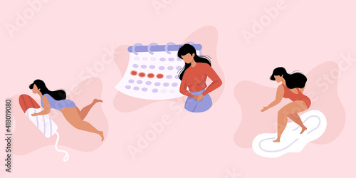 Women in underweare or swimsuit surfing on a pad. Period problems concept. Female protection. Website, article, print sticker. Girl having period, premenstrual syndrome, PMS, menstruation, calendar