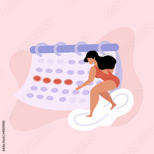 Women in underweare or swimsuit surfing on a large pad. Period problems concept. Female period protection. Website, article, print sticker. Girl having period, premenstrual syndrome, PMS, menstruation