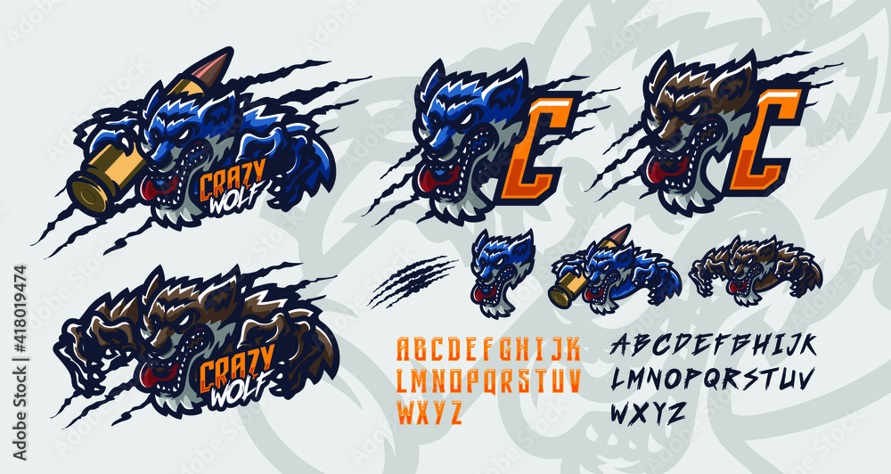 illustration vector graphic and font set of crazy wolf perfect for e-sport team mascot and game streamer