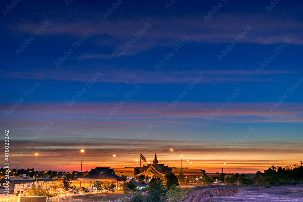 Immigration building of the 3rd Thai-Lao Friendship Bridge at Nakhon Phanom during sunset. Immigration building of the 3rd Thai-Lao Friendship Bridge at Nakhon Phanom during sunset.