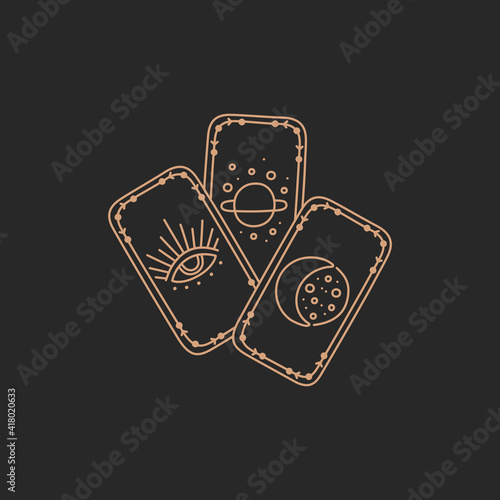 Tarot cards logo, future fortune teller icon concept, gold simple line in boho style on black background, modern trendy hand drawn vector witch symbol and mystic design element, doodle flat shape