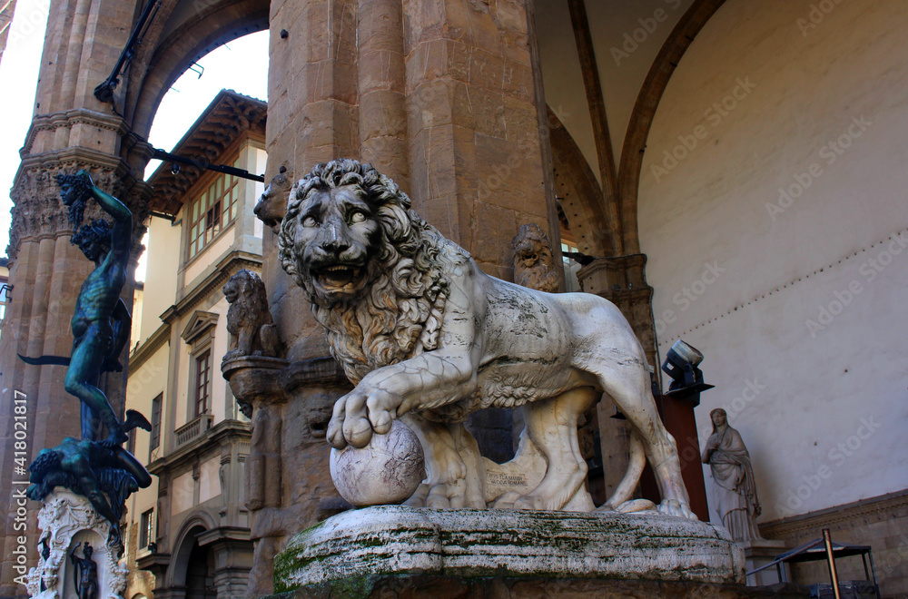 Renaissance sculptures in the Italian city of Florence.  Sculpture of the Medici lions.