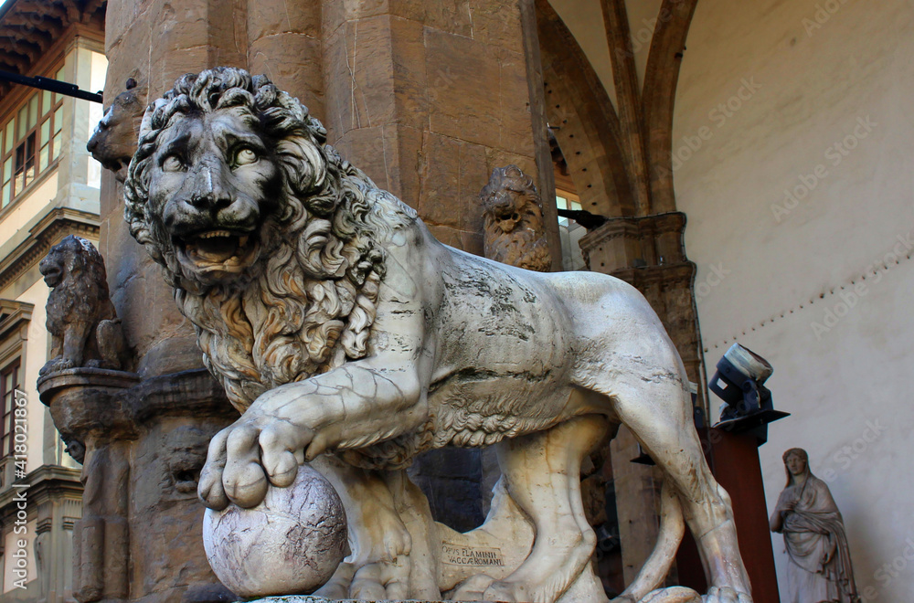 Renaissance sculptures in the Italian city of Florence. Statue of lion.