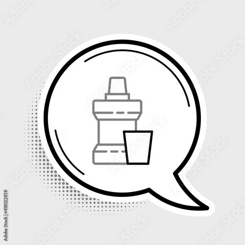 Line Mouthwash plastic bottle and glass icon isolated on grey background. Liquid for rinsing mouth. Oralcare equipment. Colorful outline concept. Vector.