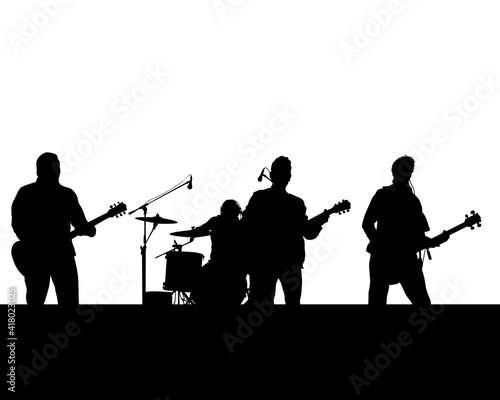 Rock band musicians on stage. Isolated silhouettes on a white background