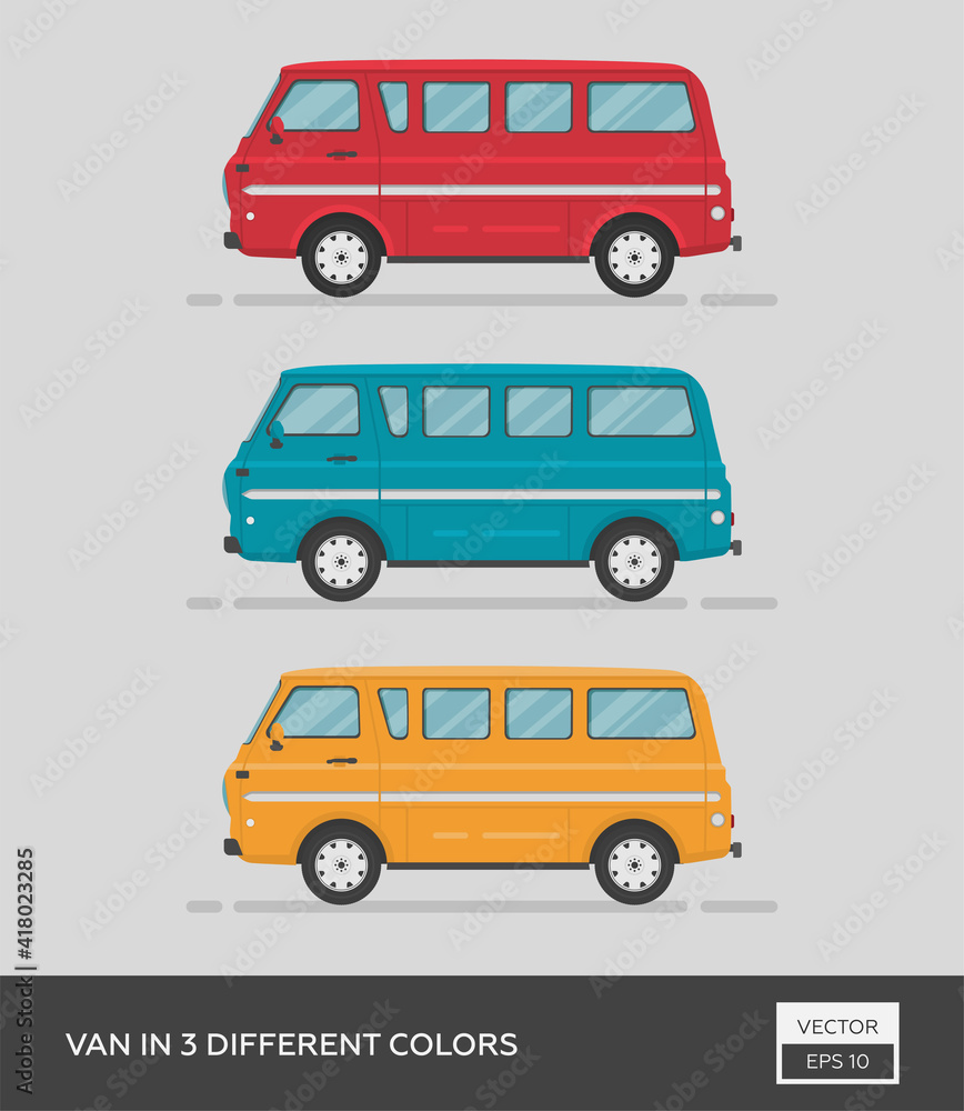 Urban vehicle. Van in 3 different colors. Cartoon flat illustration, auto for graphic and web design.