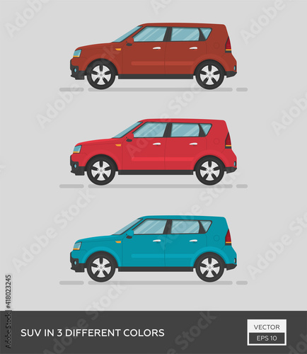 Urban vehicle. SUV in 3 different colors. Cartoon flat illustration, auto for graphic and web design.