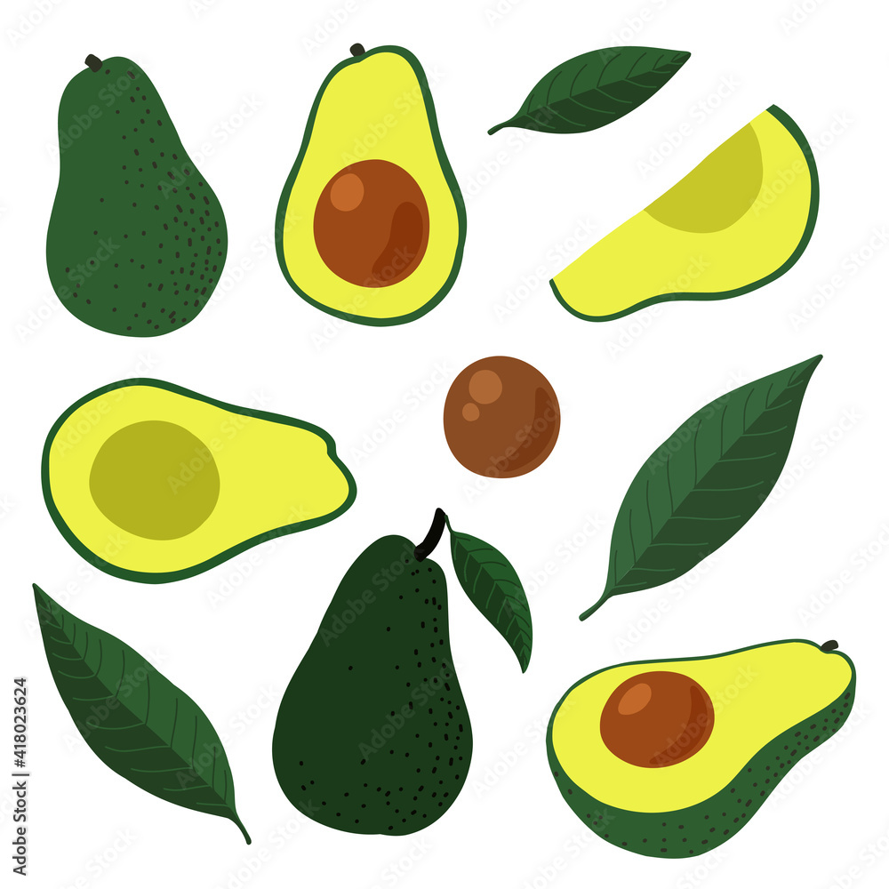 Set of colorful fresh avocado whole, half and leaves, seed. Flat cartoon organic fruits..Healthy food. Vector illustration. Set of colorful fresh avocado whole, half and leaves, seed. Flat cartoon organic fruits..Healthy food. Vector illustration.
