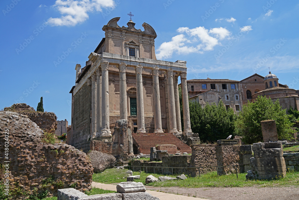 San Lorenzo in Miranda Temple in Ancient Roman Forum, heart of Roman Empire, famous tourist landmark, guided tour concept, Rome, Italy