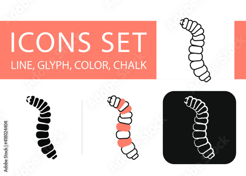 four icons in different styles, caterpillar