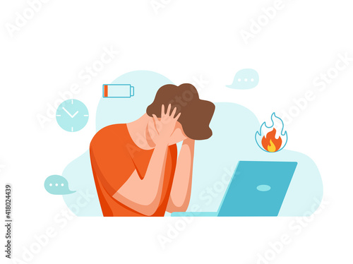 Professional burnout syndrome exhausted man tired sitting at her workplace in office holding his head