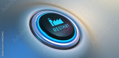 Blue glowing restart button on metallic background. Rebooting the global economy after the coronavirus crisis. 3D rendering