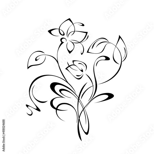 twig with stylized flowers, leaves and curls in black lines on a white background