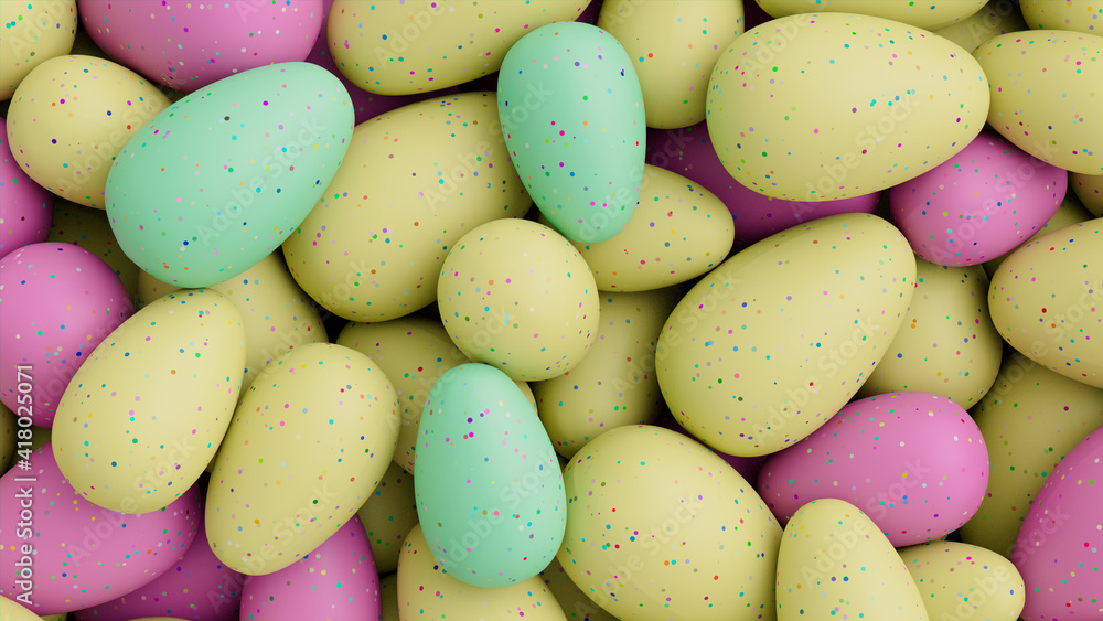 Multicolored Easter Egg background. Beautiful Easter Wallpaper with, speckled Green, Turquoise and Pink Eggs. 3D Render Multicolored Easter Egg background. Beautiful Easter Wallpaper with, speckled Green, Turquoise and Pink Eggs. 3D Render