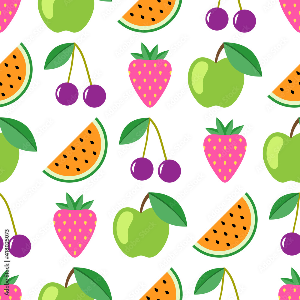 Fruit and berry seamless pattern. Watermelon, cherry, apple, strawberry seamless background. Juicy cute pattern. Vector illustration Fruit and berry seamless pattern. Watermelon, cherry, apple, strawberry seamless background. Juicy cute pattern. Vector illustration