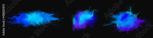 Explosions of blue powder, paint dust with particles. Vector realistic set of colored ink splashes, burst effect of powder clouds, splatter and spray isolated on black background