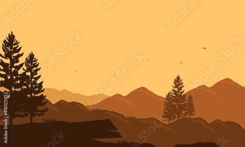Beautiful rural scenery at sunset with silhouettes of mountains and trees around it. Vector illustration