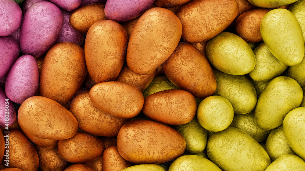 Multicolored, foil wrapped Easter Egg background. Beautiful Easter Wallpaper with, vibrant Yellow, Orange and Pink Eggs. 3D Render Multicolored, foil wrapped Easter Egg background. Beautiful Easter Wallpaper with, vibrant Yellow, Orange and Pink Eggs. 3D Render