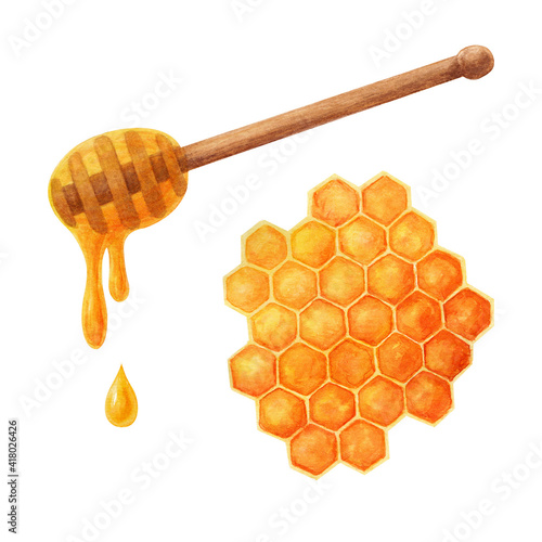 A set of honey with a honeycomb, honey is pouring from a wooden spoon. Watercolor illustration isolated on white background. photo