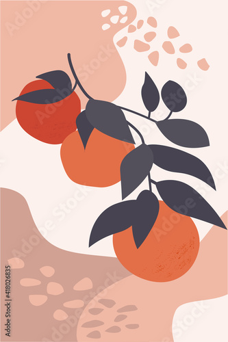 Abstract still life in pastel colors of posters. Collection of contemporary art. Minimalistic elements, fruits, mandarins on the branch for social networks, postcards, printing. Vector graphics.