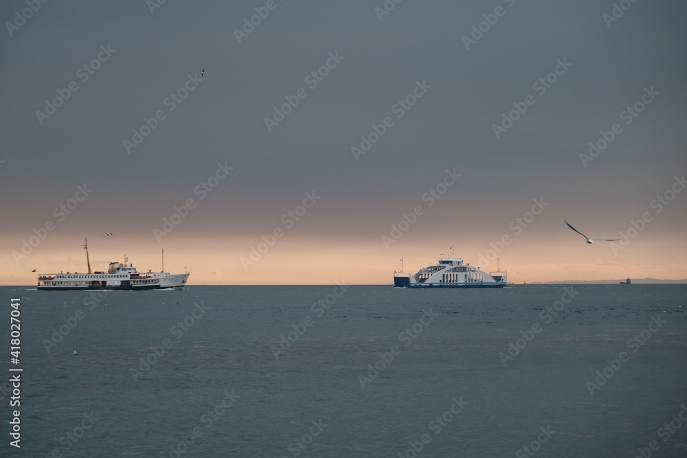 Internal transportation ships and ferry with many seagulls after sunset and overcast sky background ins bosphorus in Istanbul. Turkey. Istanbul. 01.03.2021.